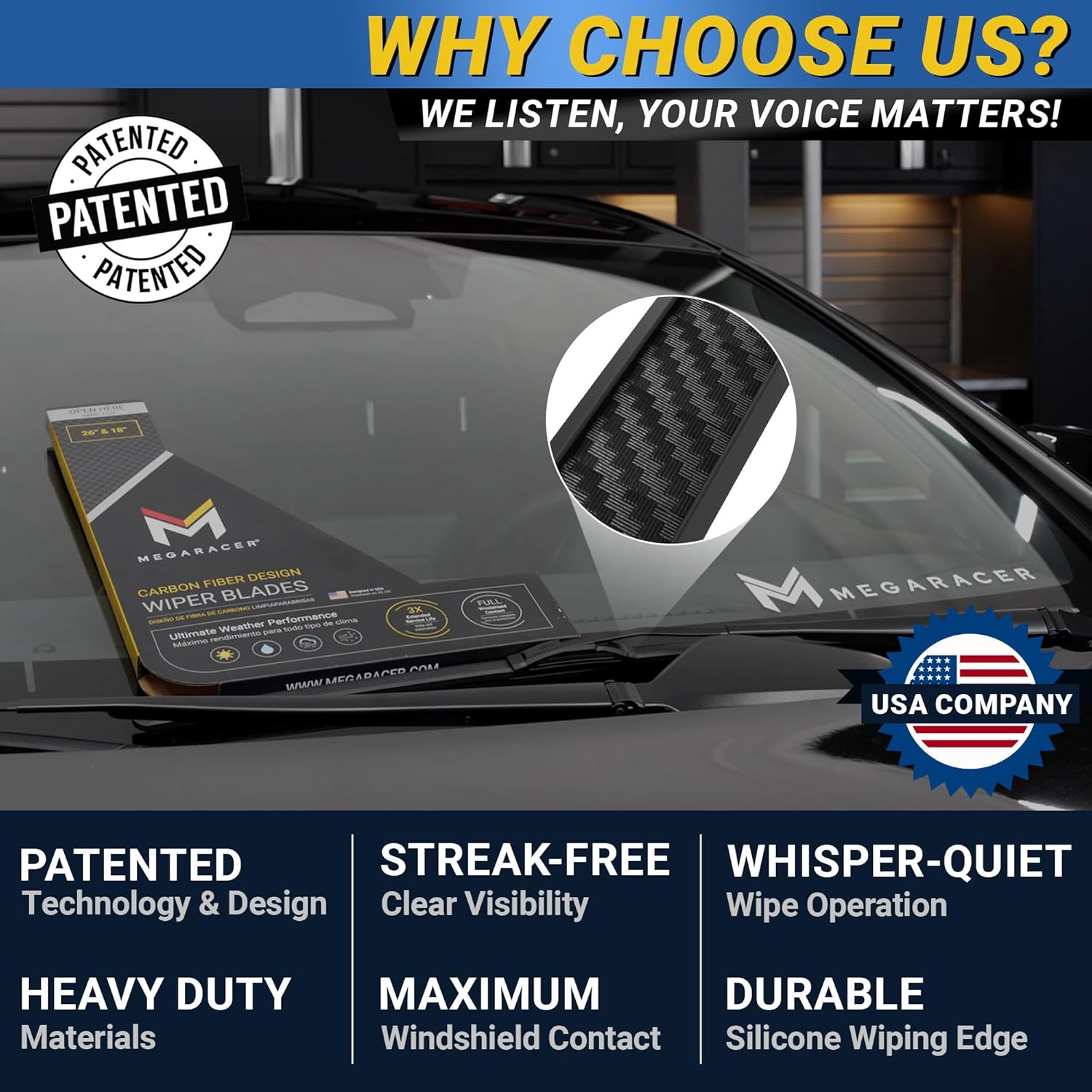 Thumbnail 4 de Premium Silicone Carbon Fiber Windshield Wiper Blades 22" & 20" (J-Hook) – Quiet, Streak-Free Front Wipers, 2-Pack