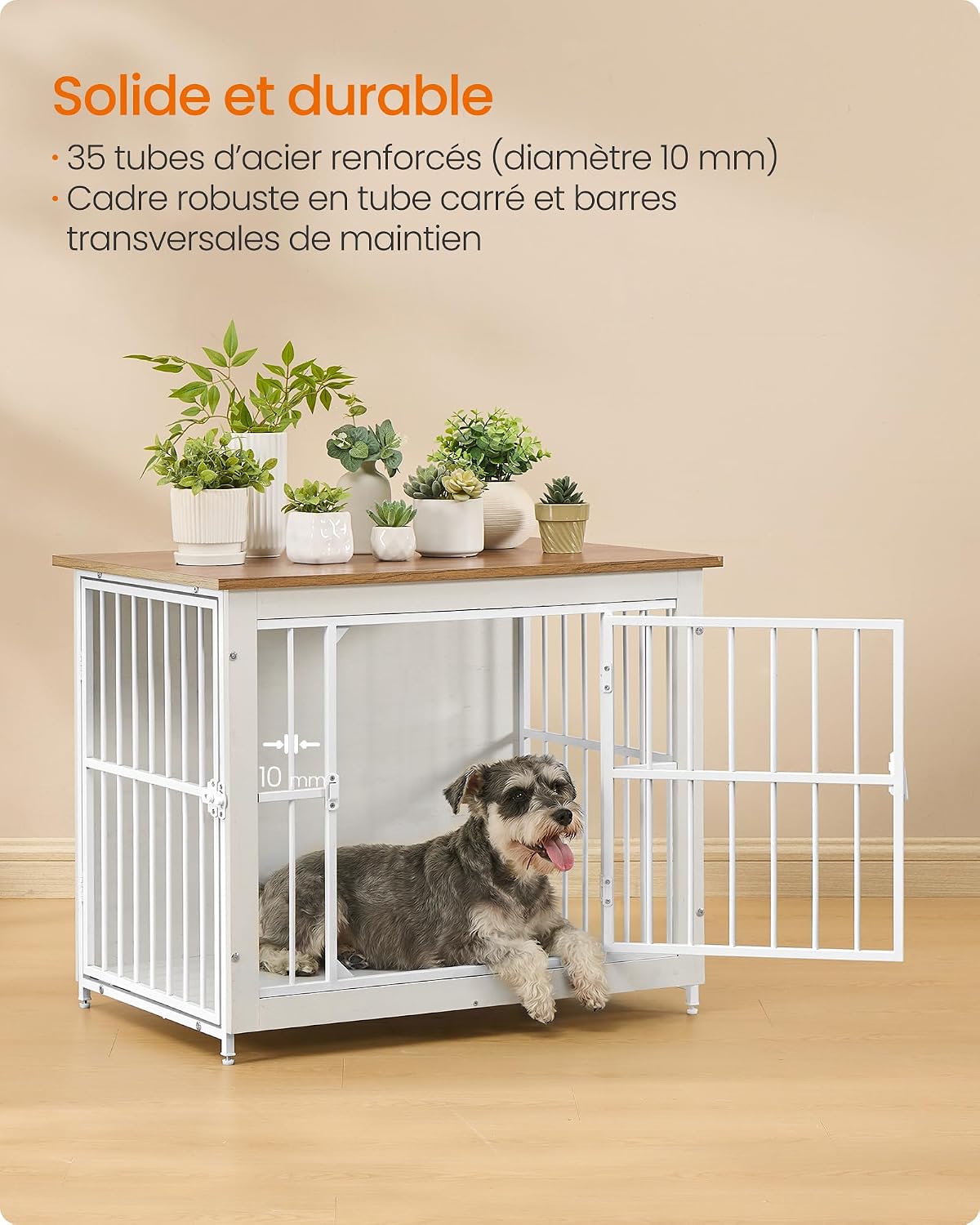 Detalle de Feandrea Meuble Cage pour Chien – Table d’appoint 2 en 1, fond plein, 80x55x64 cm, pour chiens jusqu’à 20 kg
