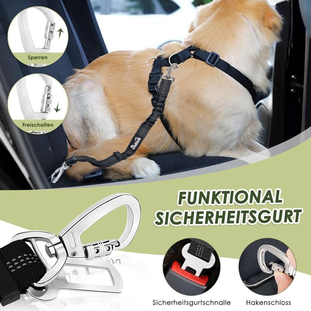 Detalle de SlowTon Hundesicherheitsgurt im 2er-Set – verstellbare Autoleine mit Bungee-Puffer und reflektierenden Nähten