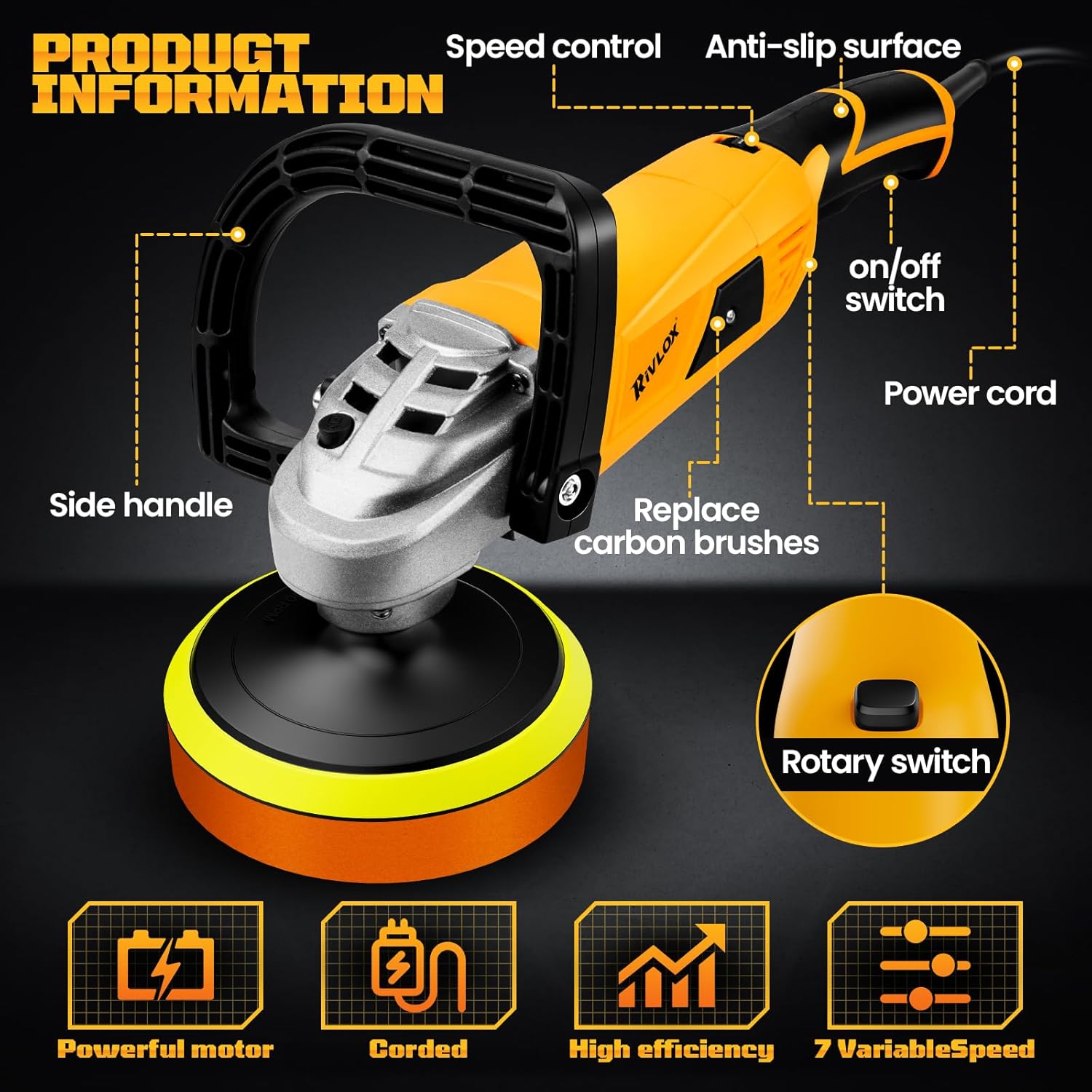 Thumbnail 1 de Rivlox 1600W Rotary Car Polisher & Buffer Kit (5/6/7 inch) with 7-Speed Control, Pads and Caps Included