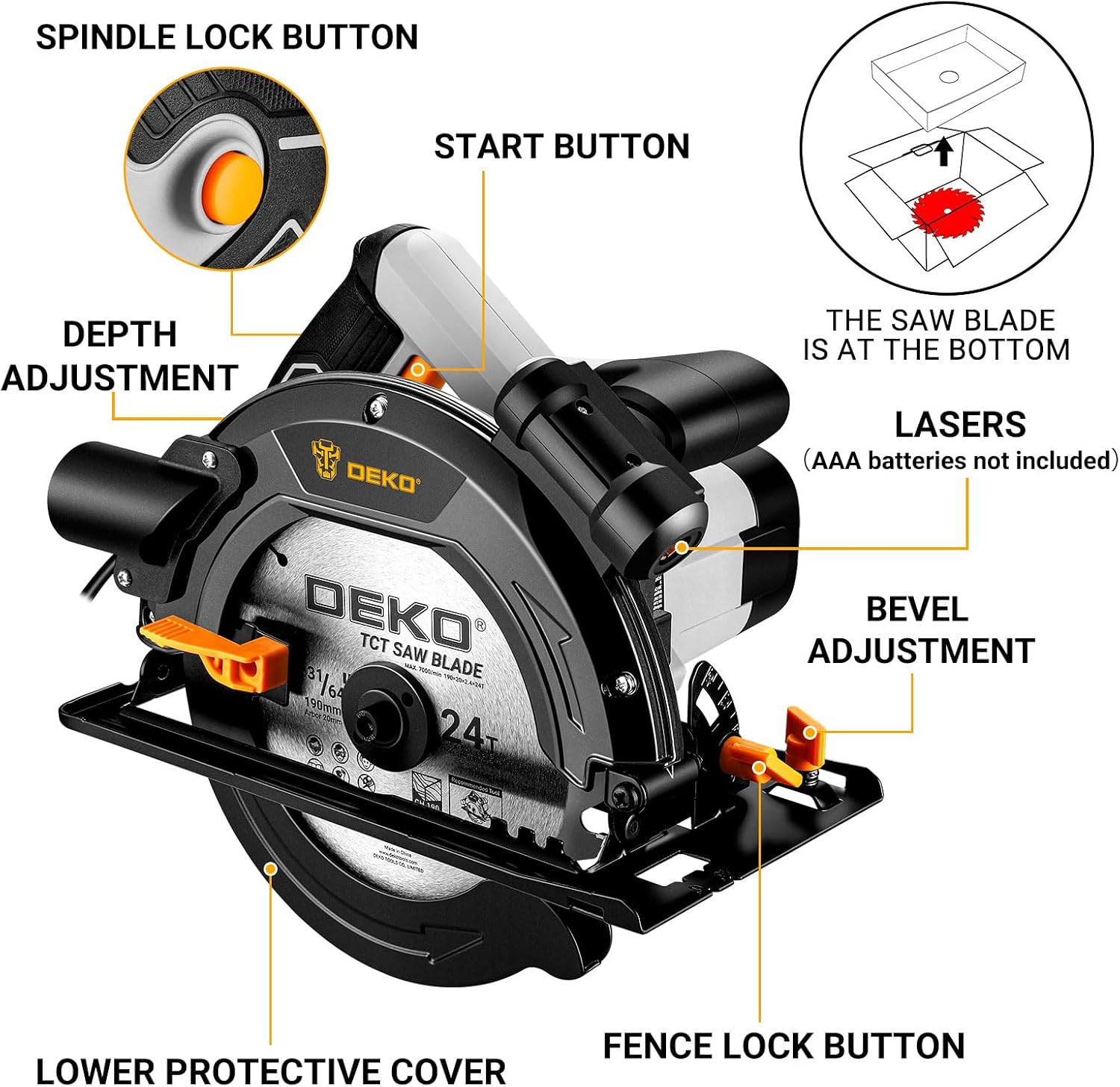 Thumbnail 6 de DEKOPRO Circular Saw 1400W with Laser Guide – 190mm, 5500 RPM, 65mm/43mm Cut Capacity