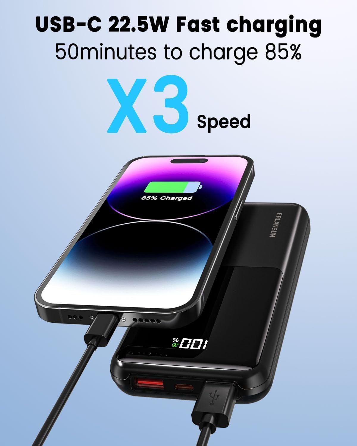 Detalle 2 de Power Bank Fast Charging 20000mAh by Yixiugo – 22.5W Portable Charger with Built-in Cables and LCD