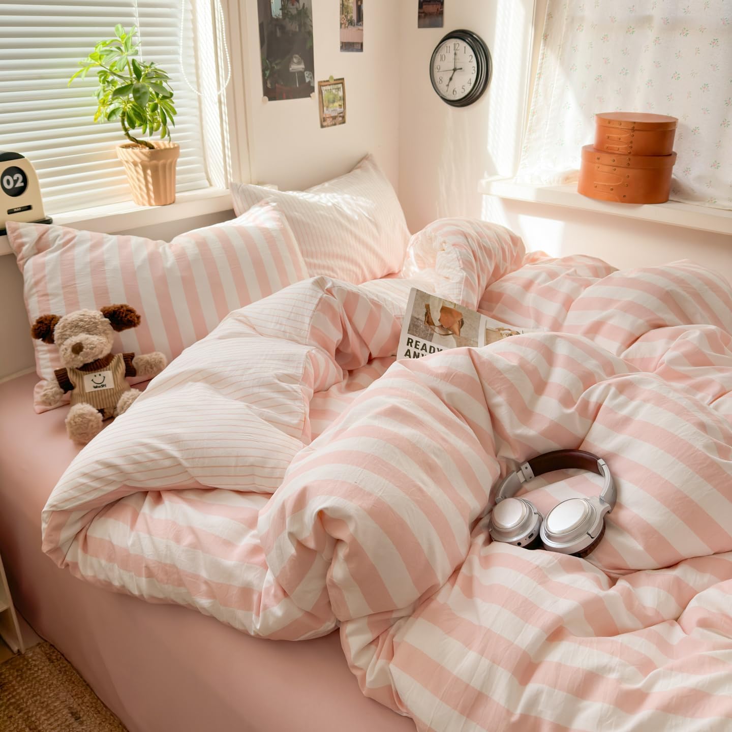 Thumbnail 1 de Freyamy Parure de lit 240x260 cm en microfibre rayures rose et blanc avec fermeture éclair