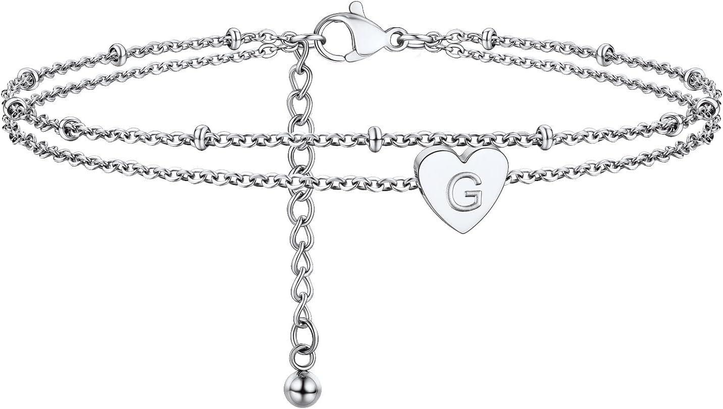 Detalle de PROSTEEL Bracelet de cheville femme en acier inoxydable à double chaîne et cœur initial réglable (22+5 cm)