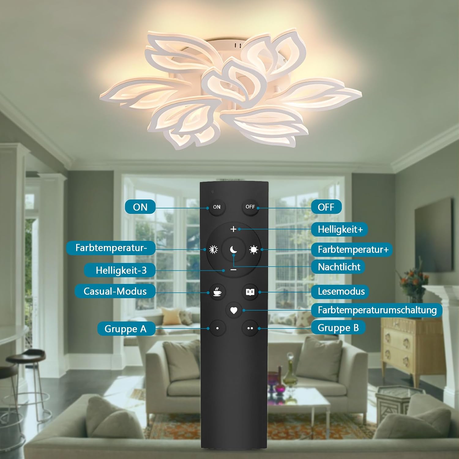 Detalle de Sky angle LED-Deckenleuchte mit Fernbedienung – verstellbares Licht bis 120 W / 14.400 lm, Acryl-Design