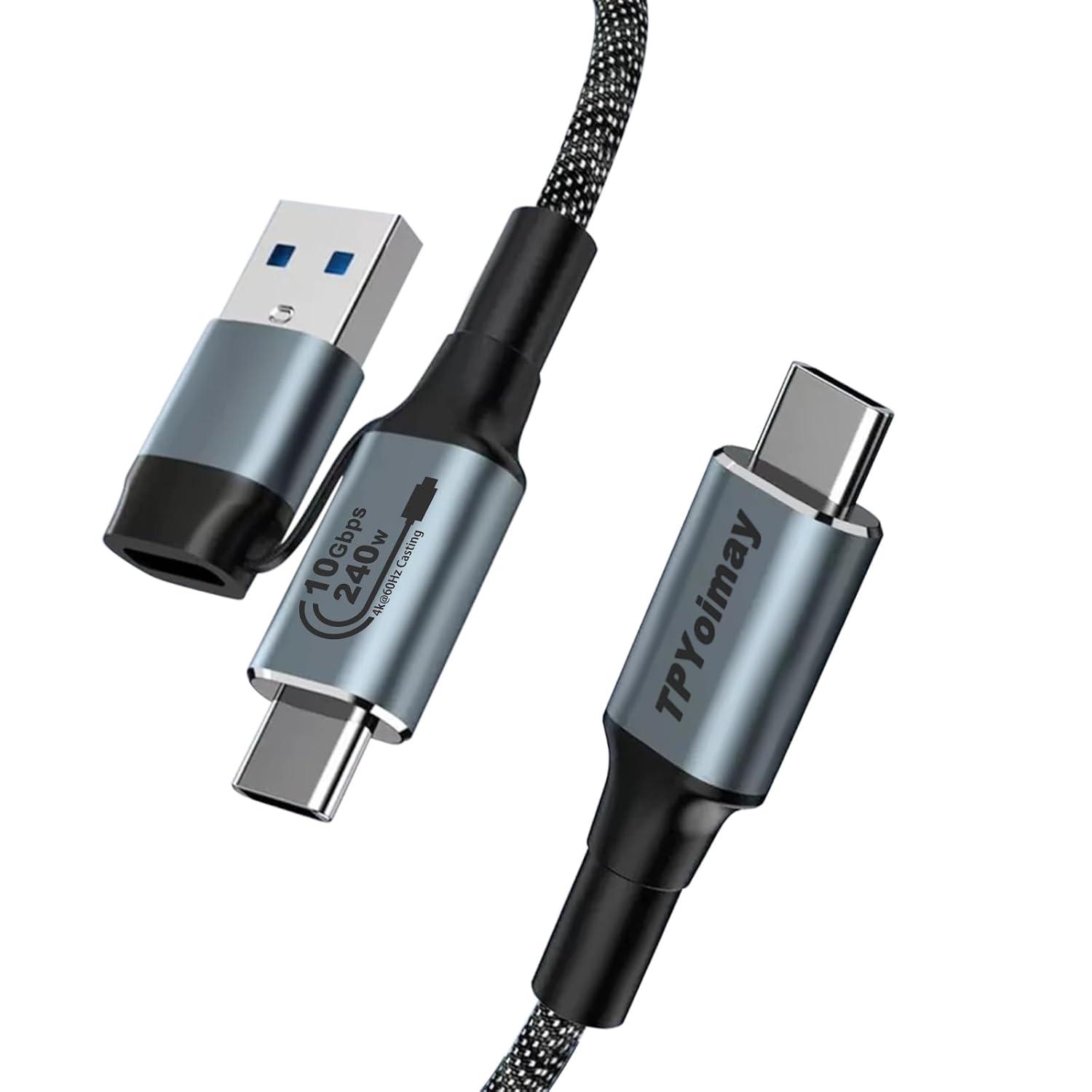 Detalle de TPYoimay 2-in-1 USB A/C to USB-C Data Cable — 6.6ft, 240W Fast Charging, 10Gbps, 4K@60Hz