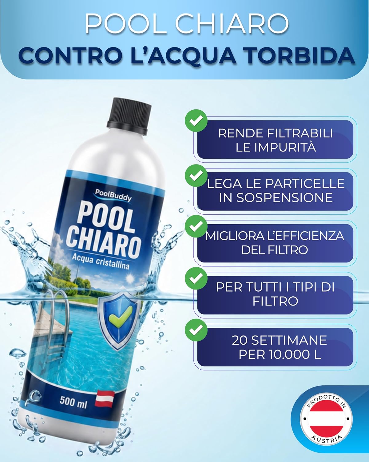 Detalle 2 de PoolBuddy Chiarificante Piscina 500 ml: chiarezza rapida e filtraggio facilitato