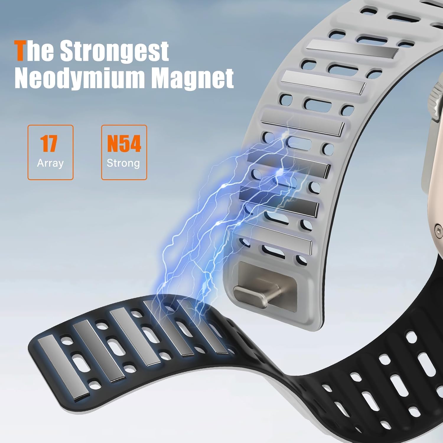 Detalle de Tasikar Clip Magnetic Straps for Apple Watch – Grey-Black silicone waterproof breathable band (fits 42–49mm)