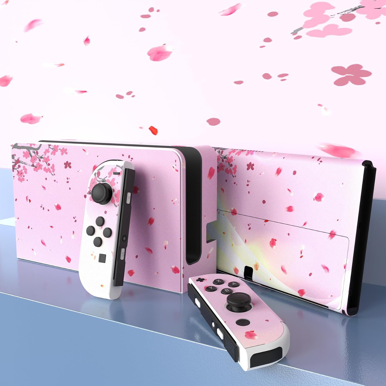 Detalle de PlayVital Full Set Protective Stickers for Nintendo Switch OLED (Pink Cherry Blossom)