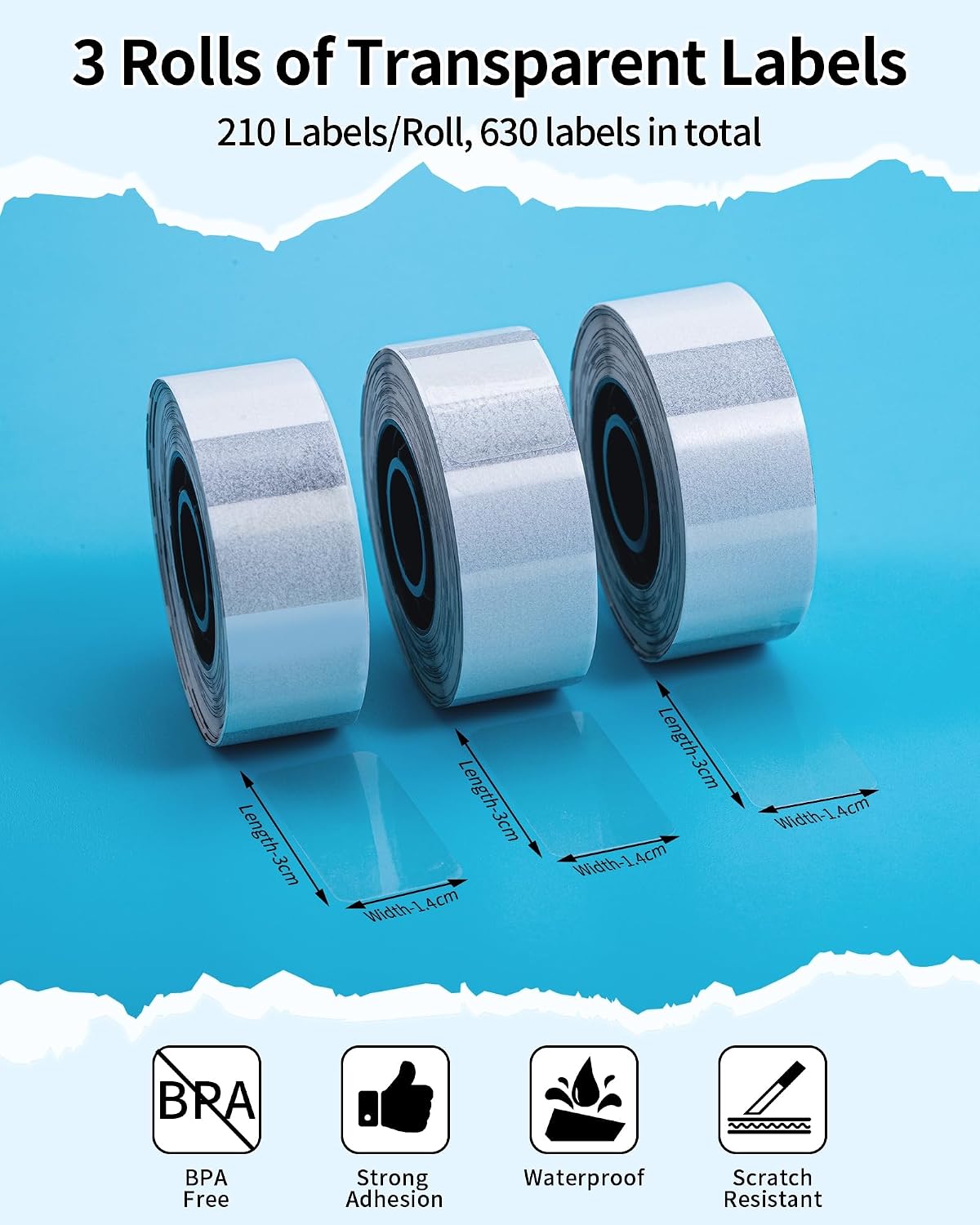 Detalle de Phomemo transparante thermische etiketten 14 × 30 mm, zelfklevend, 3 rollen