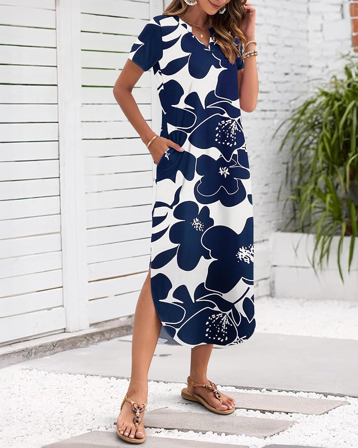 Detalle 2 de MISFAY Women's Summer Maxi Dress with V-Neck, Short Sleeves and Pockets