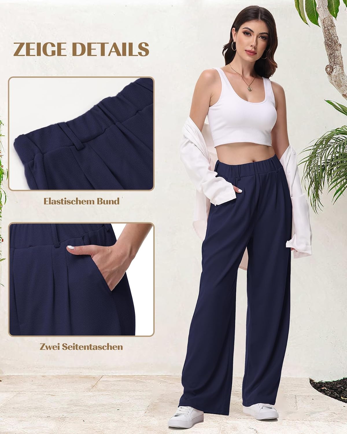 Detalle 2 de HMIYA Weite Hosen Damen – bügelfreie Palazzo- Stoffhose mit hoher Taille und Taschen