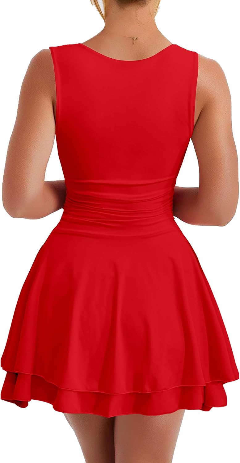 Detalle de Kaximil Women's Square Neck Ruffle Hem Mini Dress Ruched Waist – Party-Ready Tank Dress