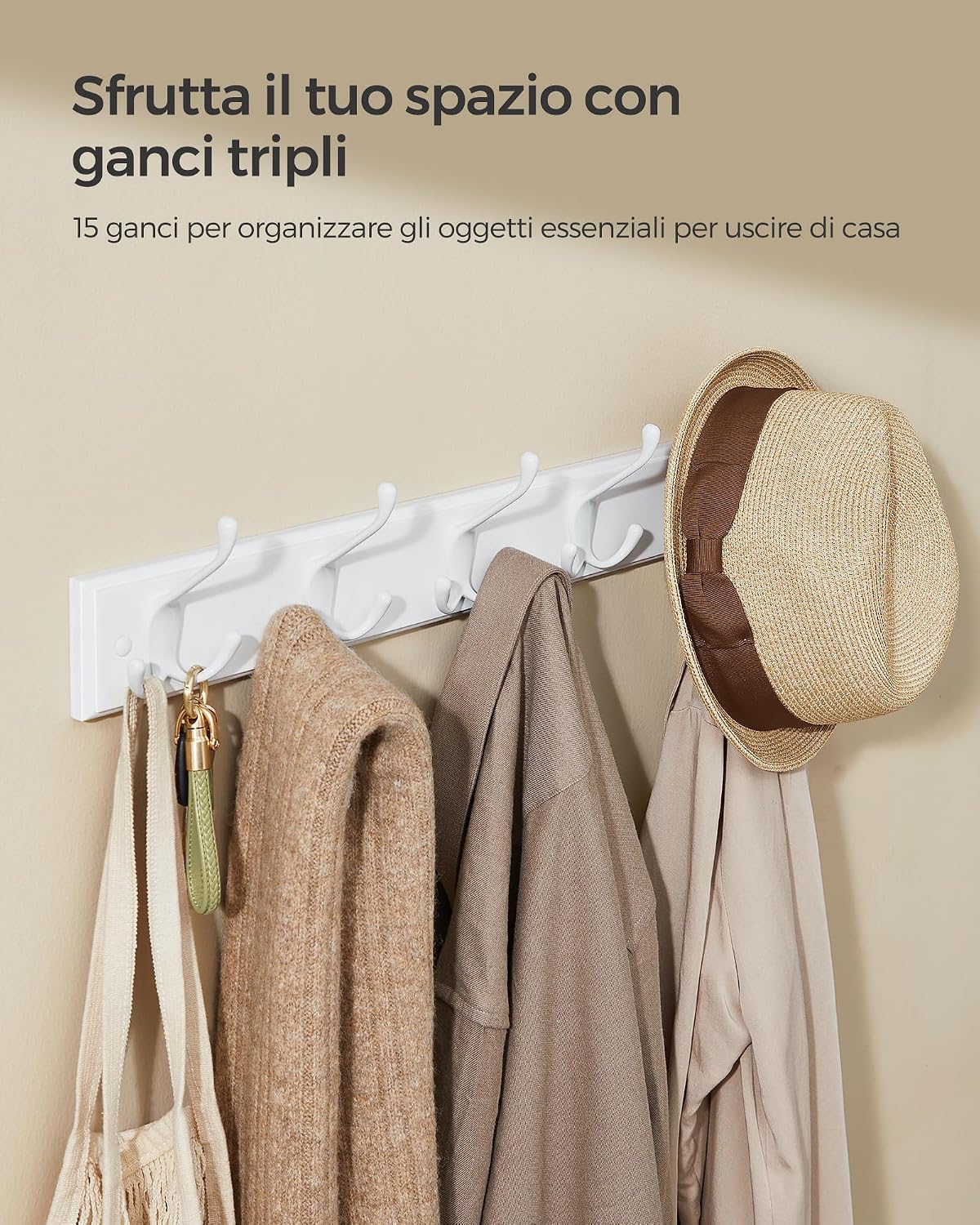Detalle de SONGMICS Appendiabiti da Parete LHR30WT bianco nuvola, con 4 ganci tripli in metallo