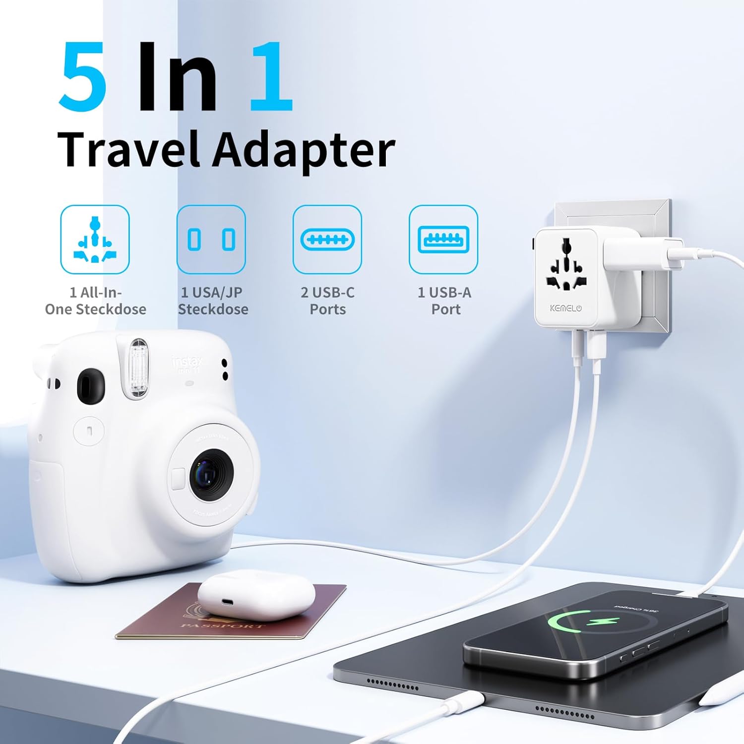 Thumbnail 1 de KEMELO 25W Reiseadapter Weltweit (5-in-1) mit USB A und USB-C – internationaler Travel-Adapter für viele Länder