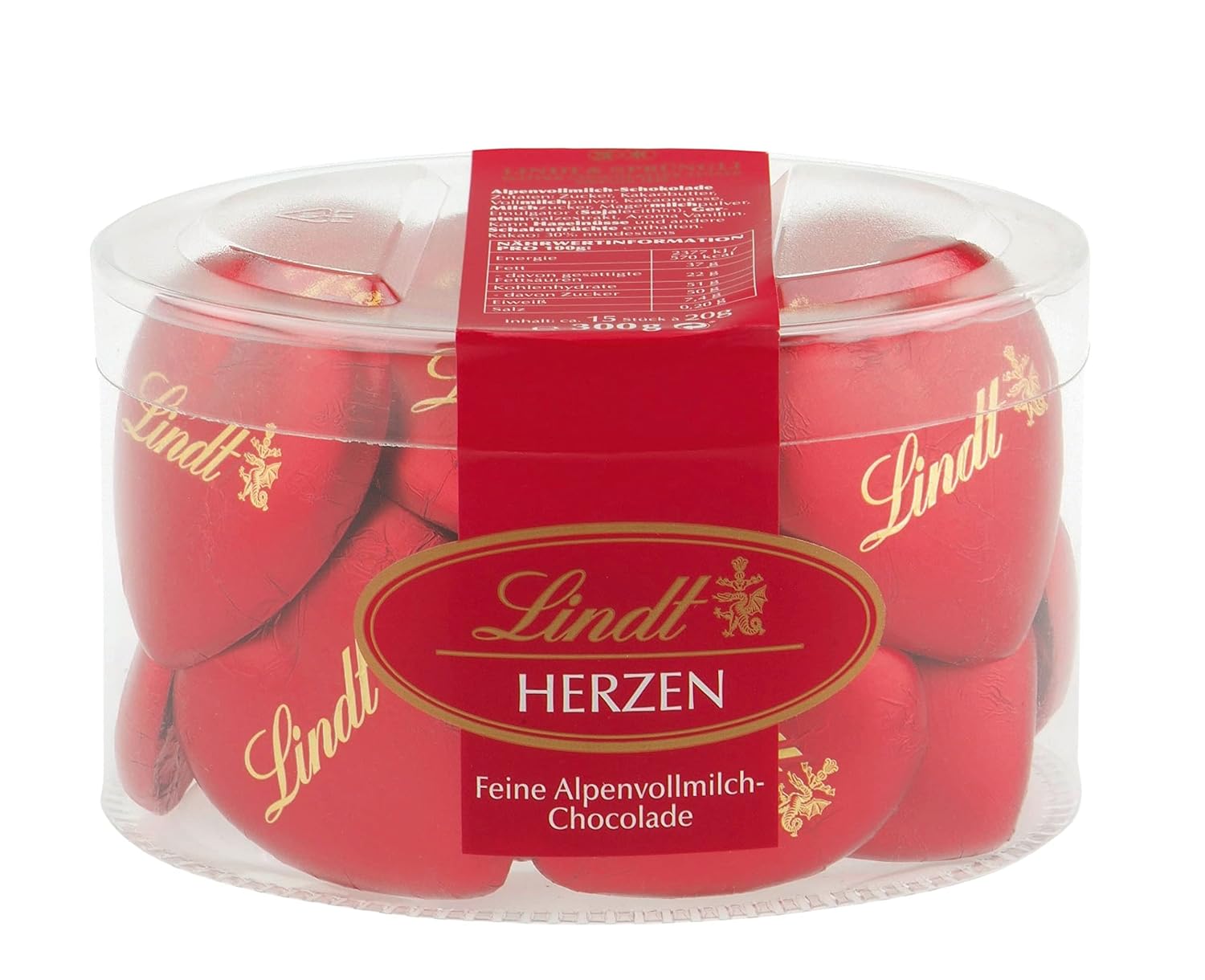 Detalle 2 de Lindt Schokolade Vollmilch Schokoladenherzen – 300 g, buntes Herzgeschenk mit 15 Herzen in Grün, Rot, Blau und Gold