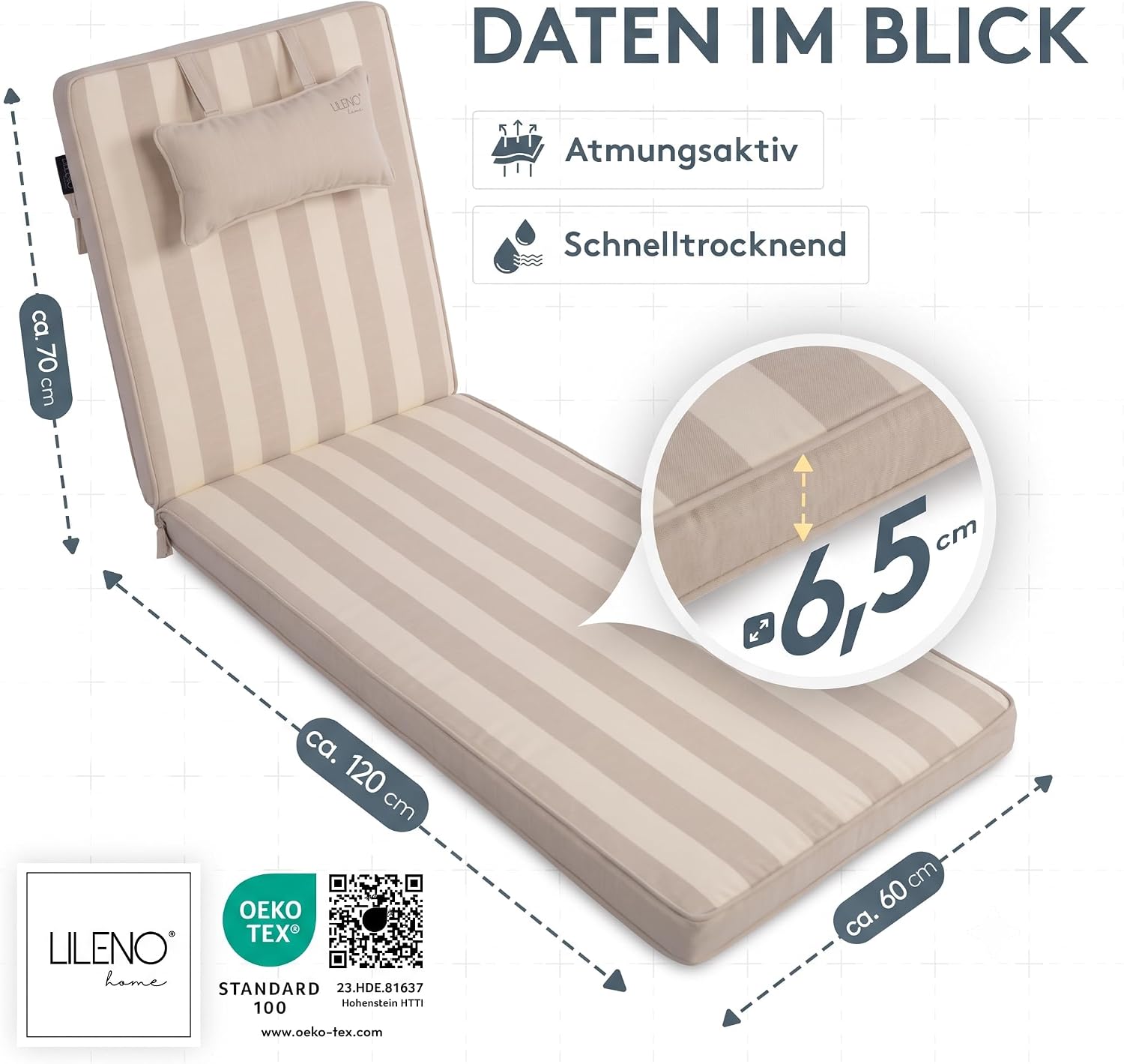 Thumbnail 5 de LILENO HOME Sonnenliege Auflage mit Kopfkissen – 1er Set in Blockstreifen Beige