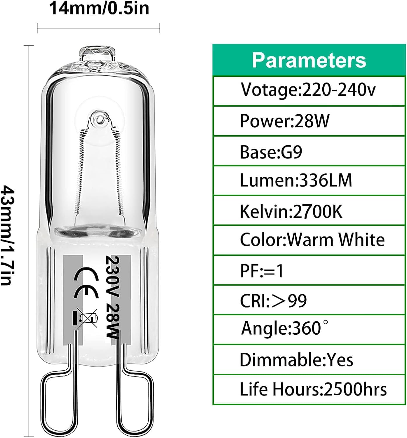 Detalle de Simusi G9 Halogen Light Bulbs, 28W Dimmable Capsule, Warm White 2700K, 12 Pack