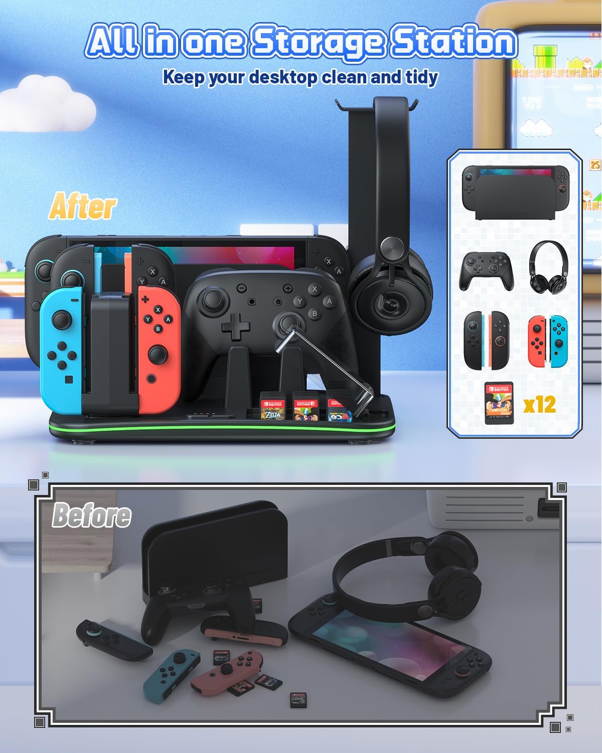 Thumbnail 2 de FASTSNAIL RGB Controller Ladestation für Switch / Switch OLED (für Joy-Cons & Pro Controller), extra große Standstation