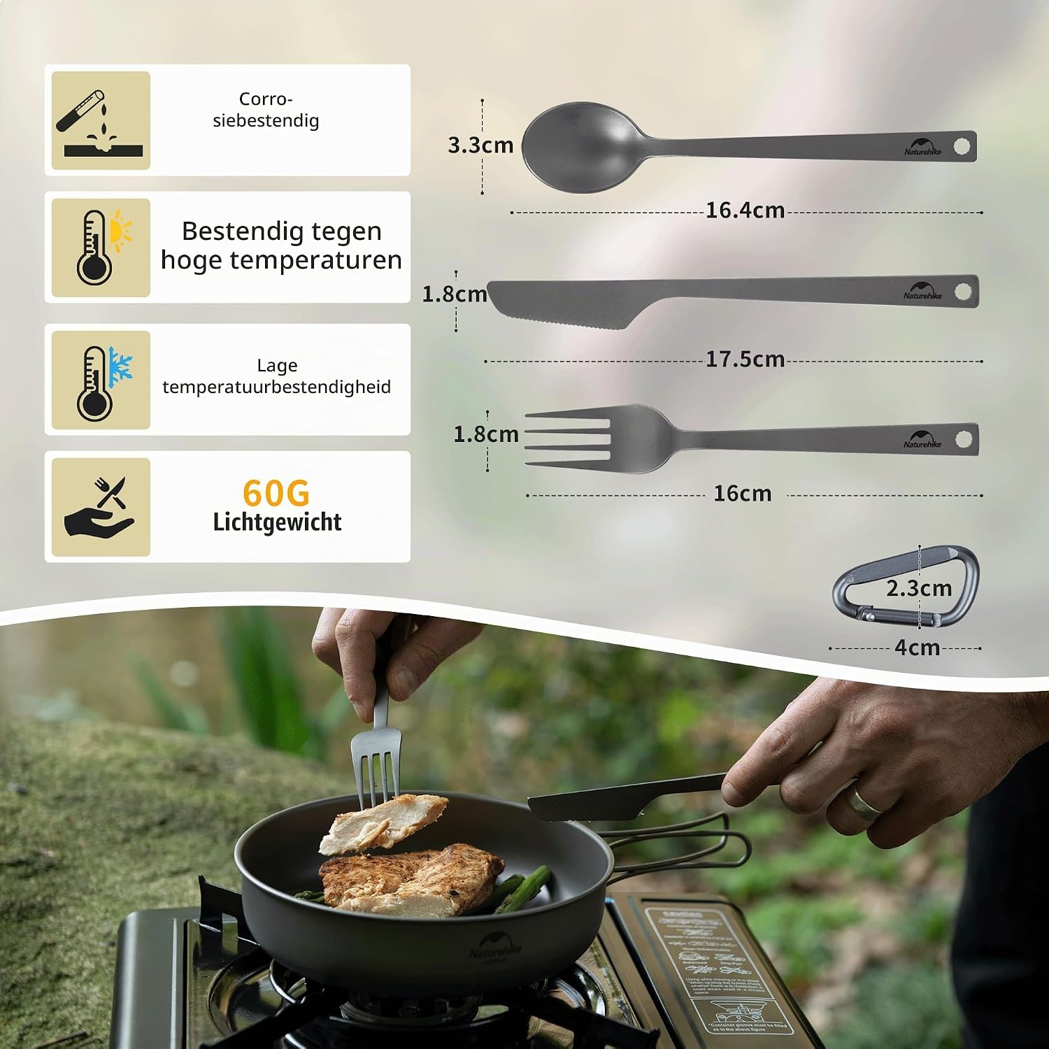 Detalle 2 de Naturehike NH19T012-D titanium campingbestekset met mes, vork en lepel