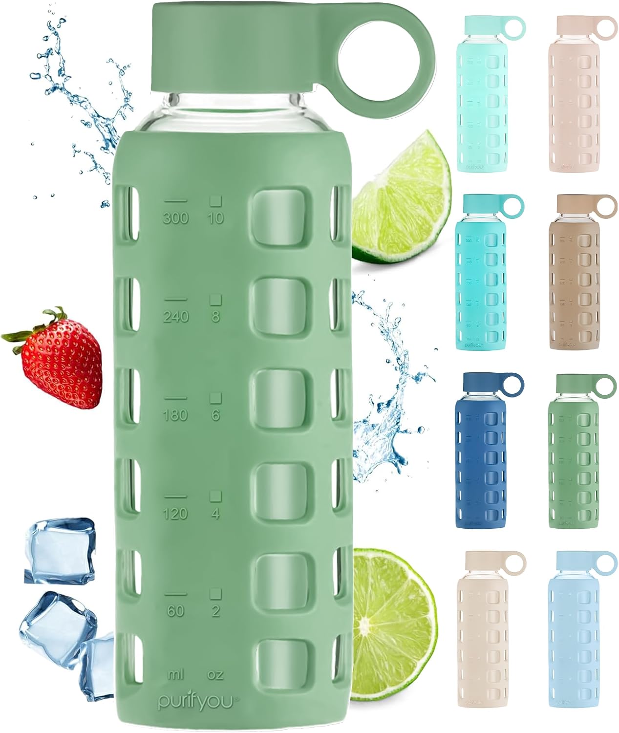 Detalle de purifyou PGWB-12SG 12 oz Borosilicate Glass Water Bottle with Markers