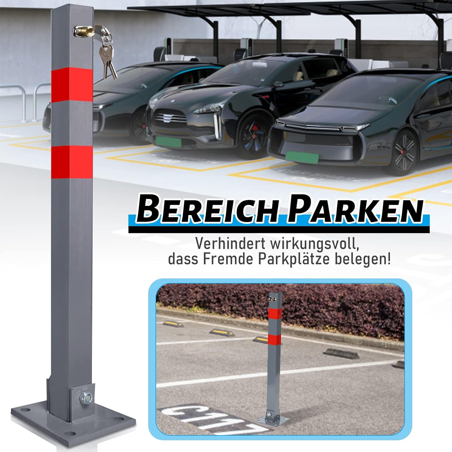 Thumbnail 2 de Ikodm 2X Barriera Parcheggio: blocco pieghevole robusto con chiavi e strisce riflettenti