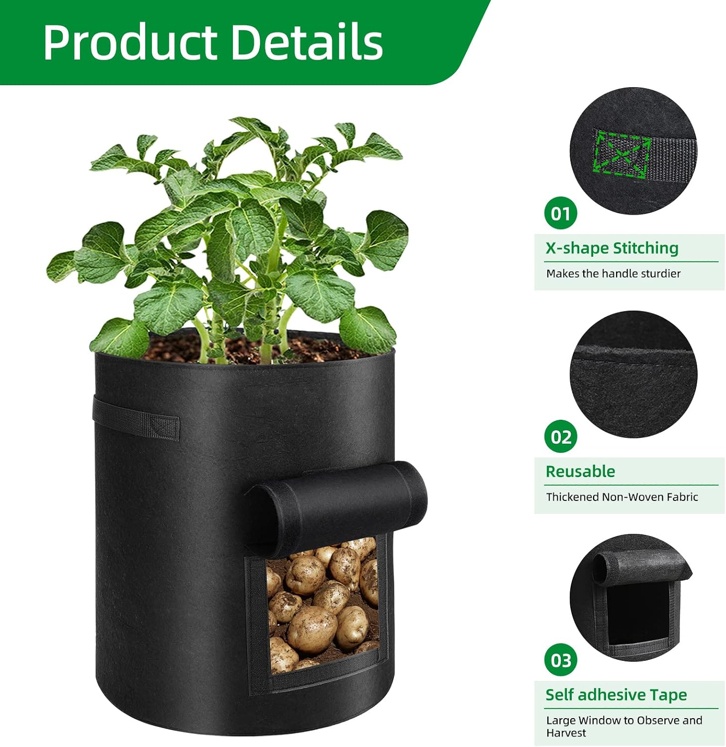 Detalle de BIJOKETTEN 10-Gallon Grow Bags, 6-Pack with Flap and Handles