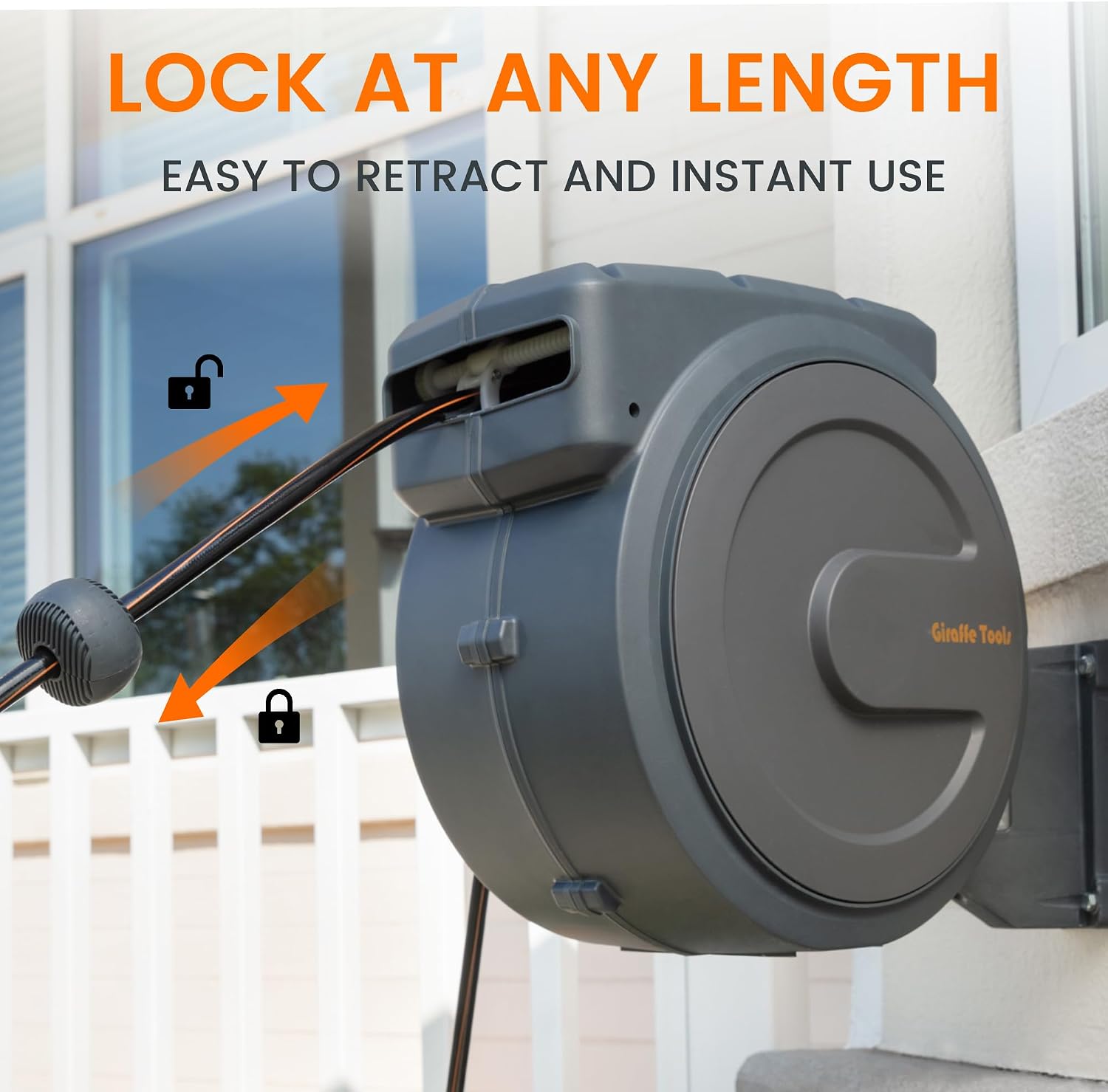 Detalle 2 de Giraffe Tools Retractable Wall Mounted Hose Reel (30+2m) with 7-in-1 Spray Nozzle, EUAW-30, Grey