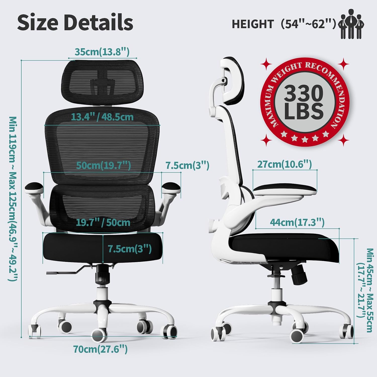 Detalle 2 de TRALT TRALT+ERG+YQ001-1-W-B-CA Ergonomic Mesh Office Chair, Adjustable Lumbar