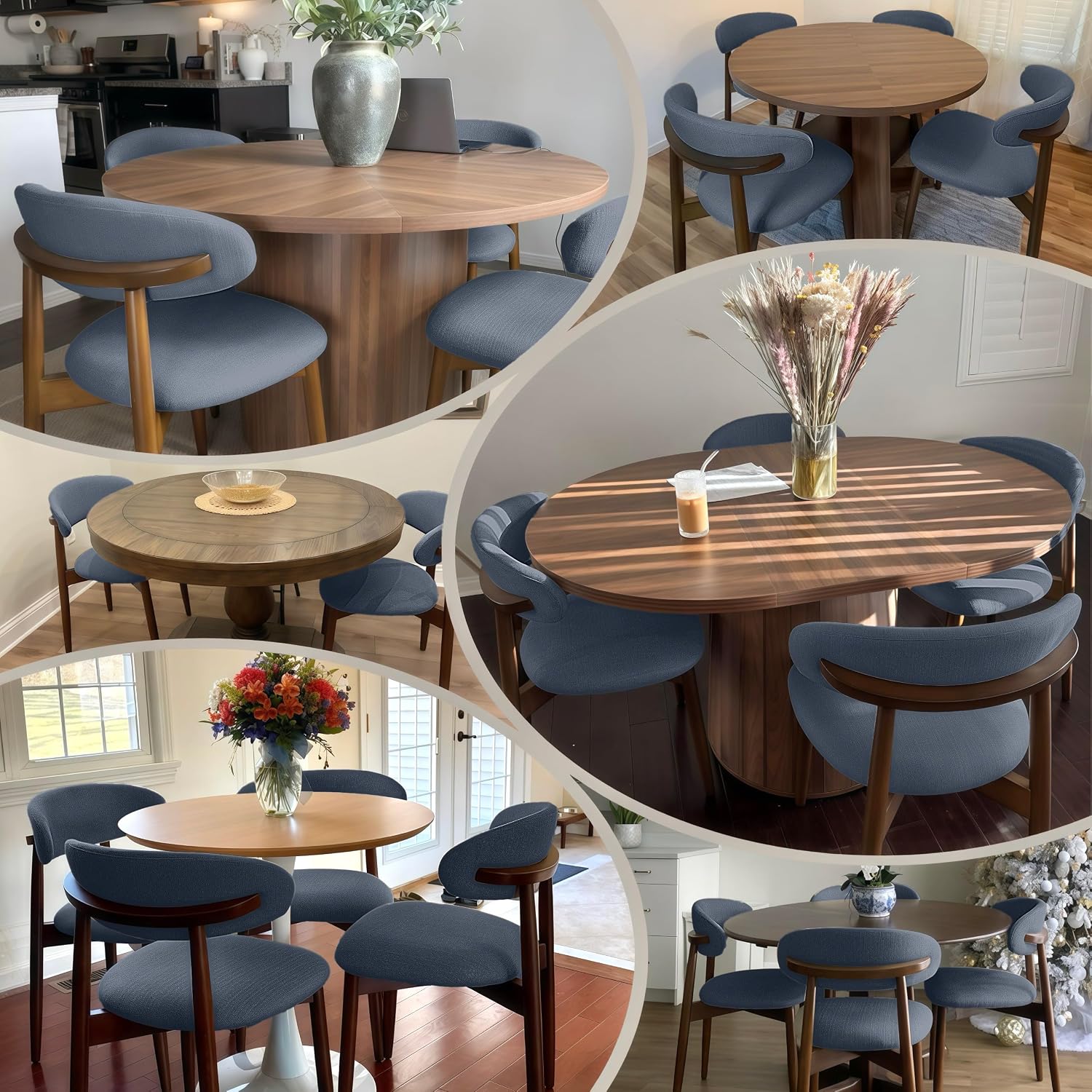 Detalle de COLAMY D6270US Dining Chairs, Blue Fabric Upholstery, Rubberwood Frame, Set of 2