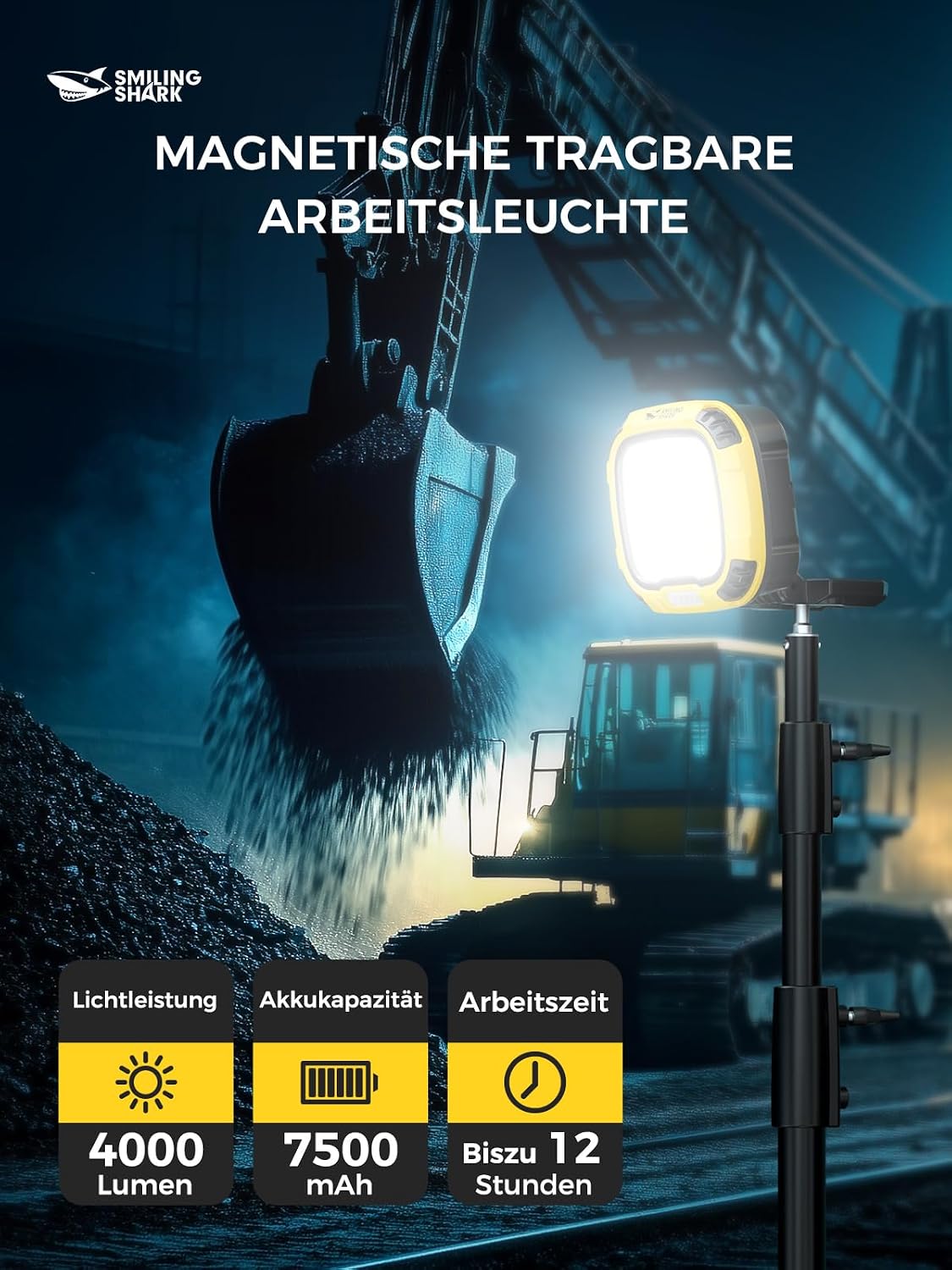 Thumbnail 1 de Smiling Shark Arbeitsleuchte mit COB-LED, 4000 Lumen, 18 Lichtmodi & Magnet (wiederaufladbar)