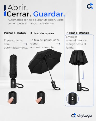 Detalle de Paraguas antiviento Drytogo plegable (Ø95/Ø100/Ø105 cm): 8 varillas reforzadas, automático y compacto