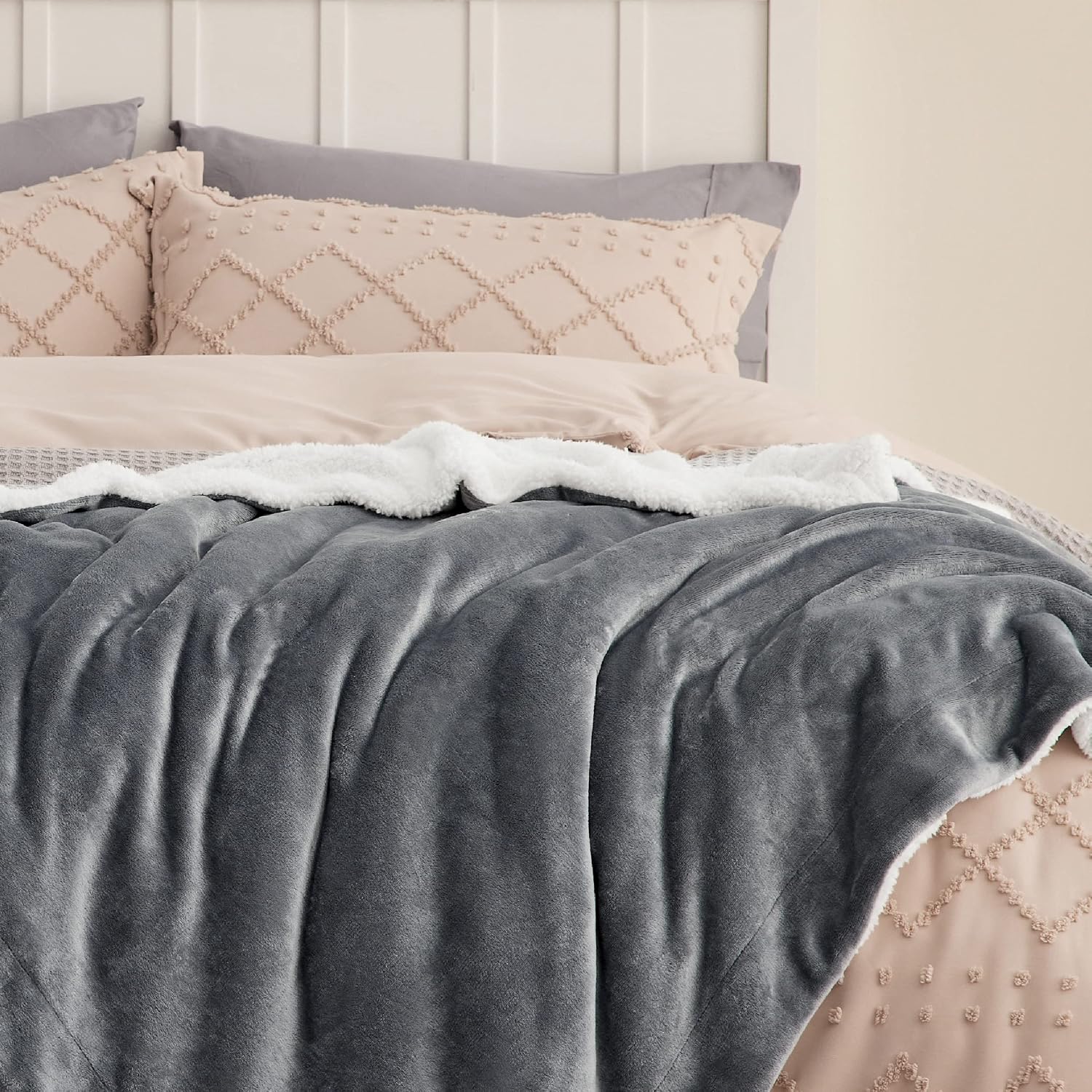 Detalle de Bedsure Sherpa Blanket-Solid Reversible Twin Blanket, Grey, 60 x 80 Inch