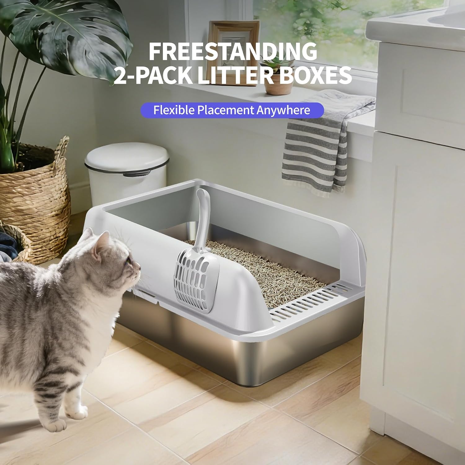 Detalle 2 de Fusblom 2 Pack Stainless Steel Cat Litter Tray with Scoops – Large/Multi-Cat, 60×40×21cm, Dark Grey & Light Grey