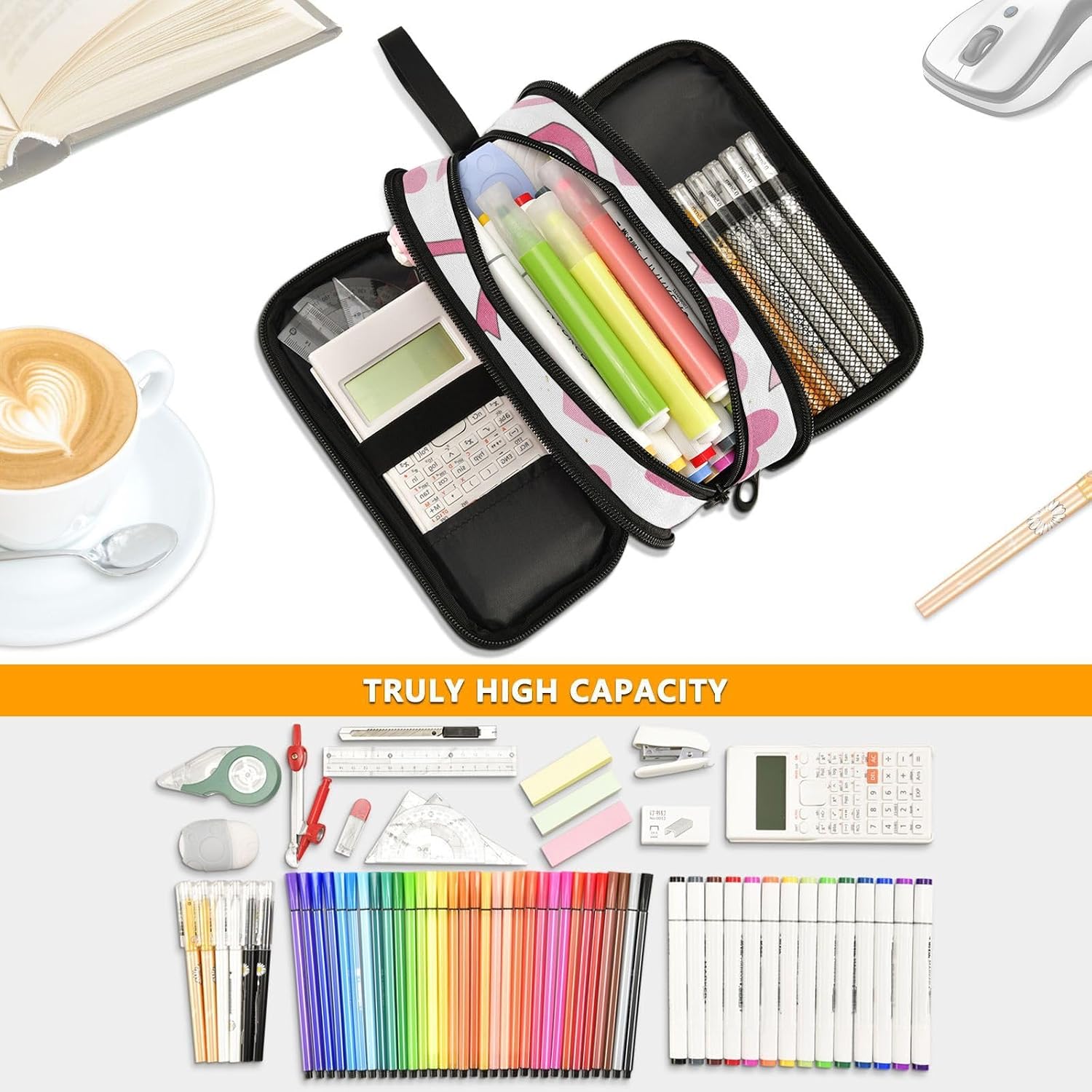 Thumbnail 5 de ISAOA Big Capacity Pencil Case Pink Bows and Hearts – White Pouch Bag for School, Work and Travel