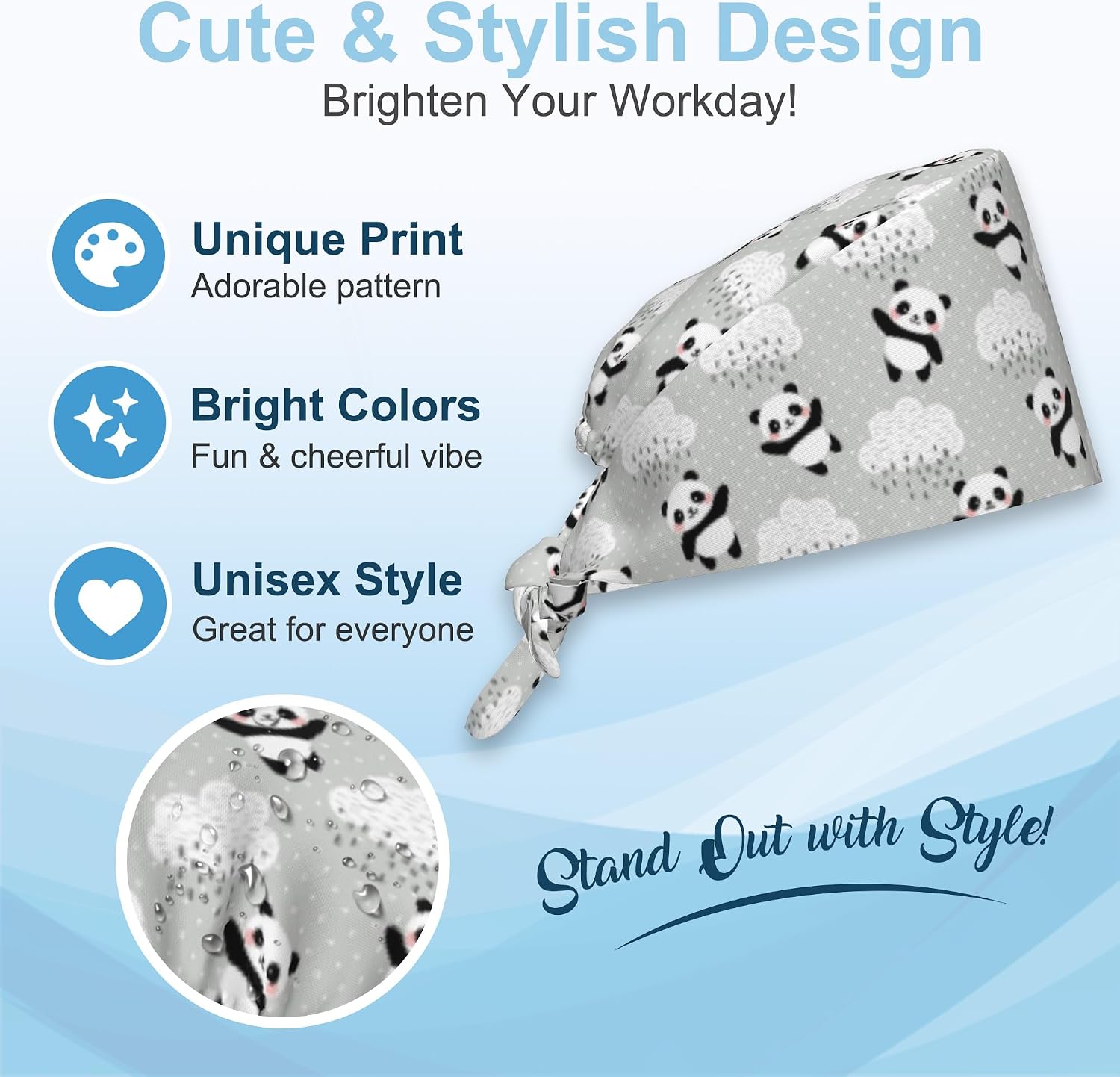 Detalle de OHEGBXE Adjustable Polyester Scrub Cap with Sweatband and Tie-Back Fit