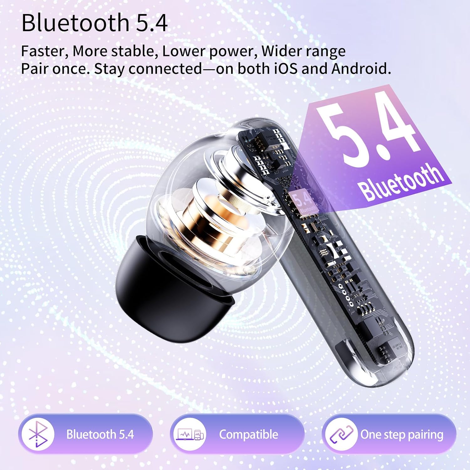 Thumbnail 5 de Wireless Earbuds with Bluetooth 5.4: Hi‑Fi Stereo, 48h Battery, IPX7, Purple