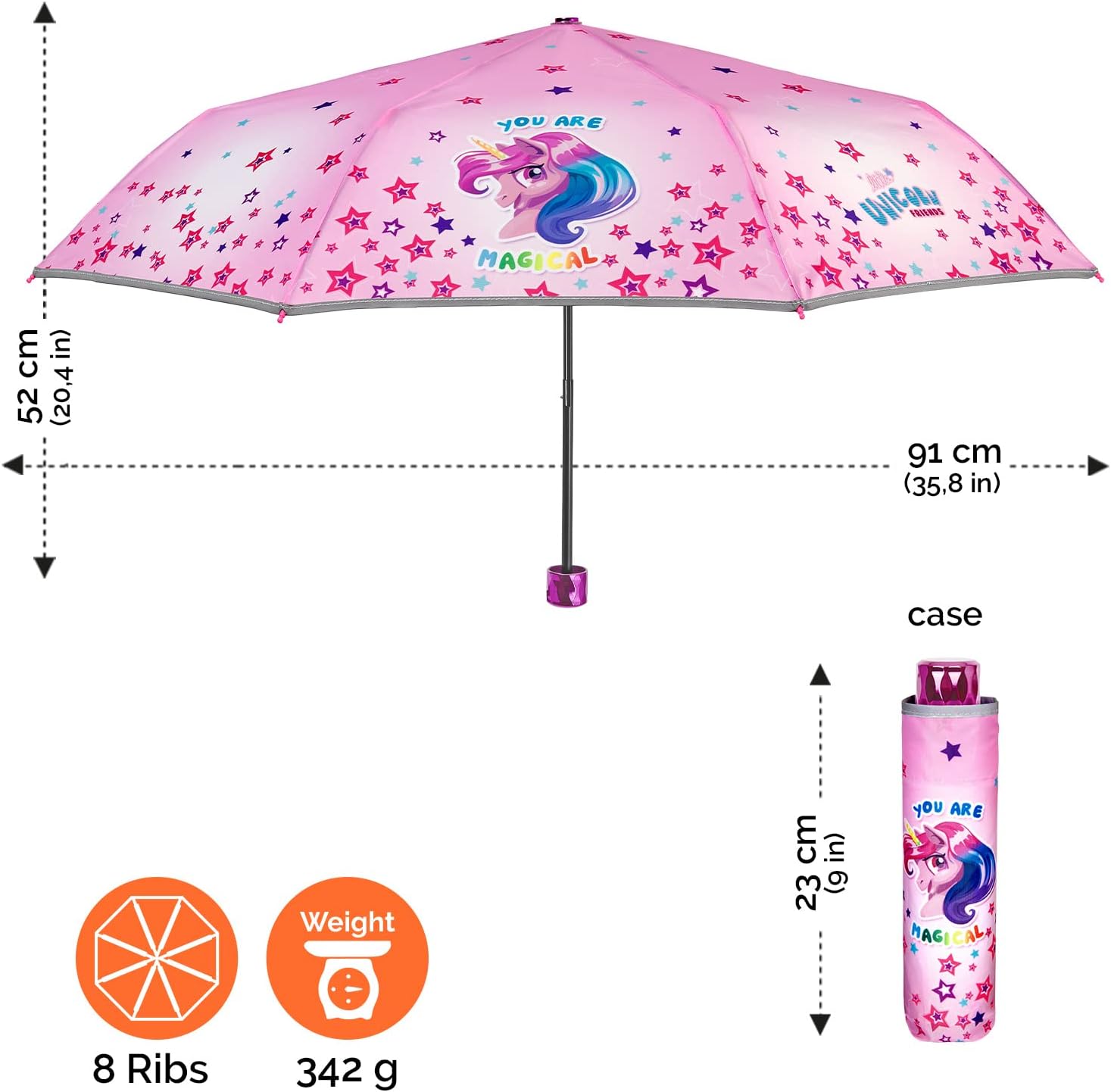 Thumbnail 3 de Ombrello pieghevole rosa con unicorno per bambina, portatile e antivento (diametro 91 cm)