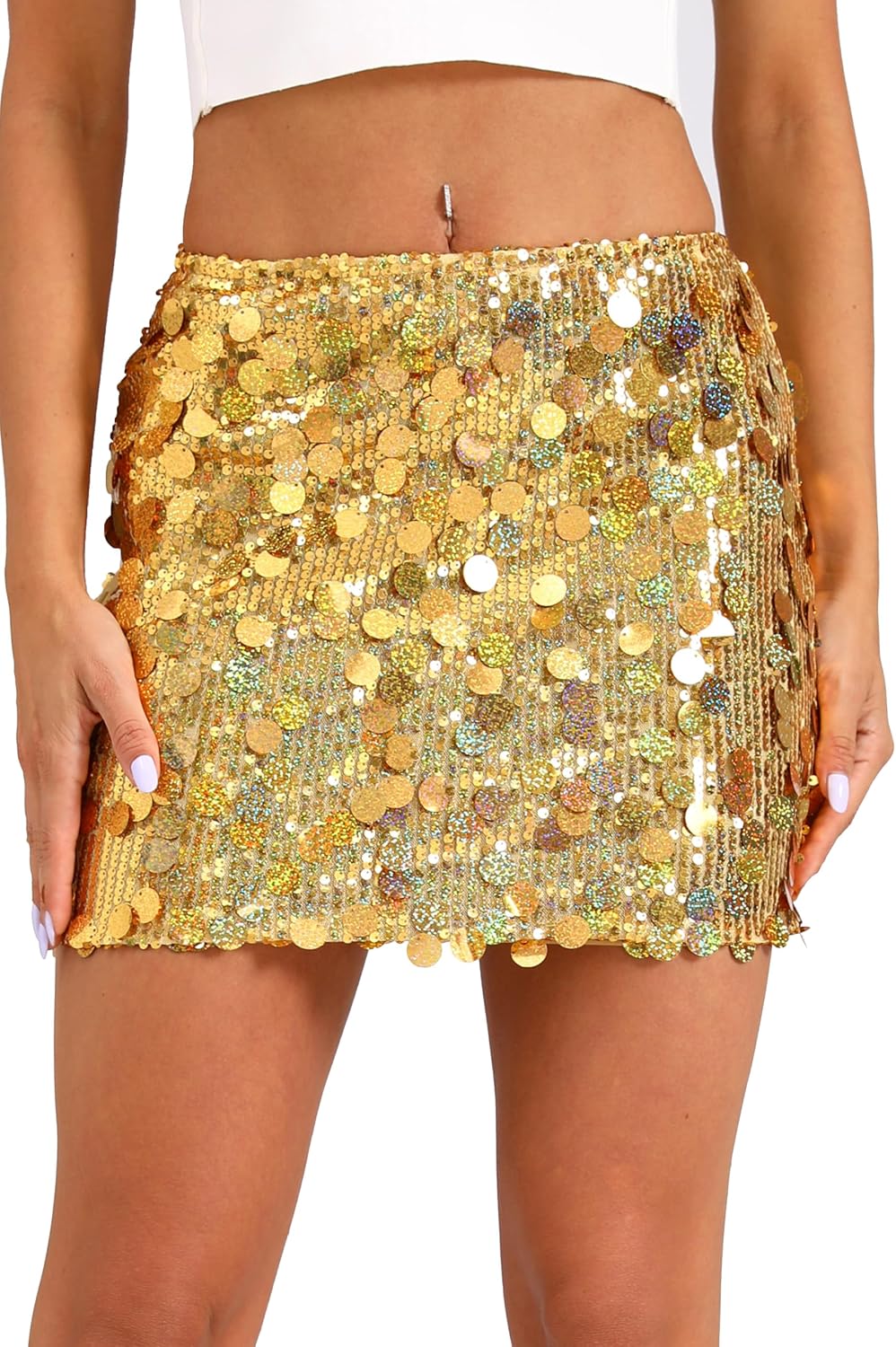 Detalle de GUANYY Sequin Mini Skirt for Women, High-Waisted Stretch Pencil Fit, Fully Lined