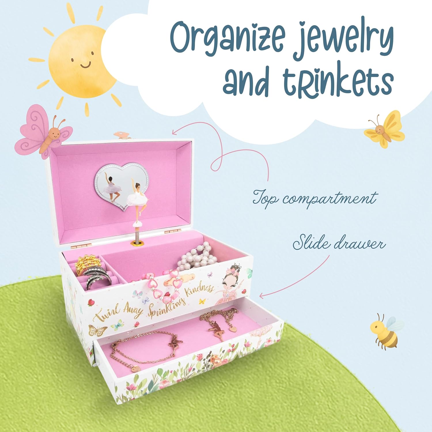 Detalle de The Memory Building Co Ballerina Musical Jewelry Box – Classic Clair de Lune, 2-Tier MDF Organizer for Kids (Ages 6–12)