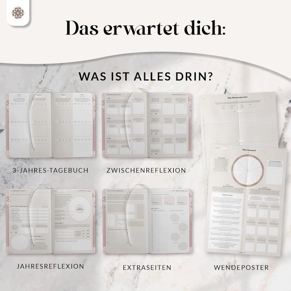 Detalle 1 de LEBENSKOMPASS® 3 Jahres Tagebuch für Erwachsene – Deeptalk, BLOSSOM Edition, A5 Hardcover