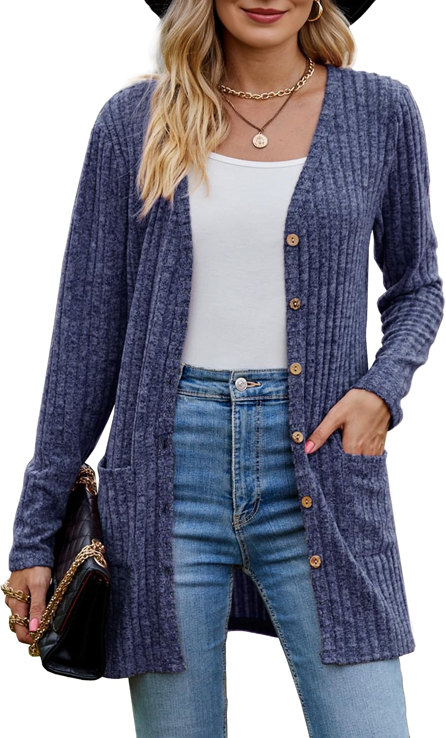 Detalle 1 de MYCOLORBLUE Alte Zeiten Strickjacke Damen Cardigan langarm Knopfleiste