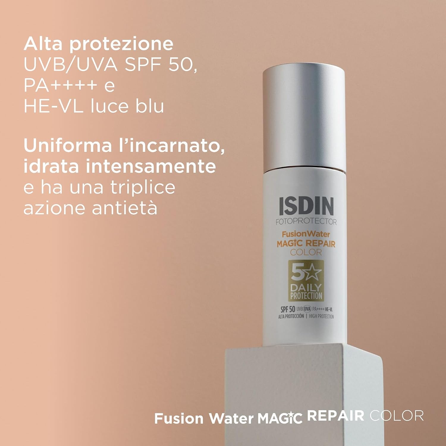 Detalle de ISDIN Fusion Water MAGIC Repair Color SPF 50: crema solare viso colorata, leggera e antietà