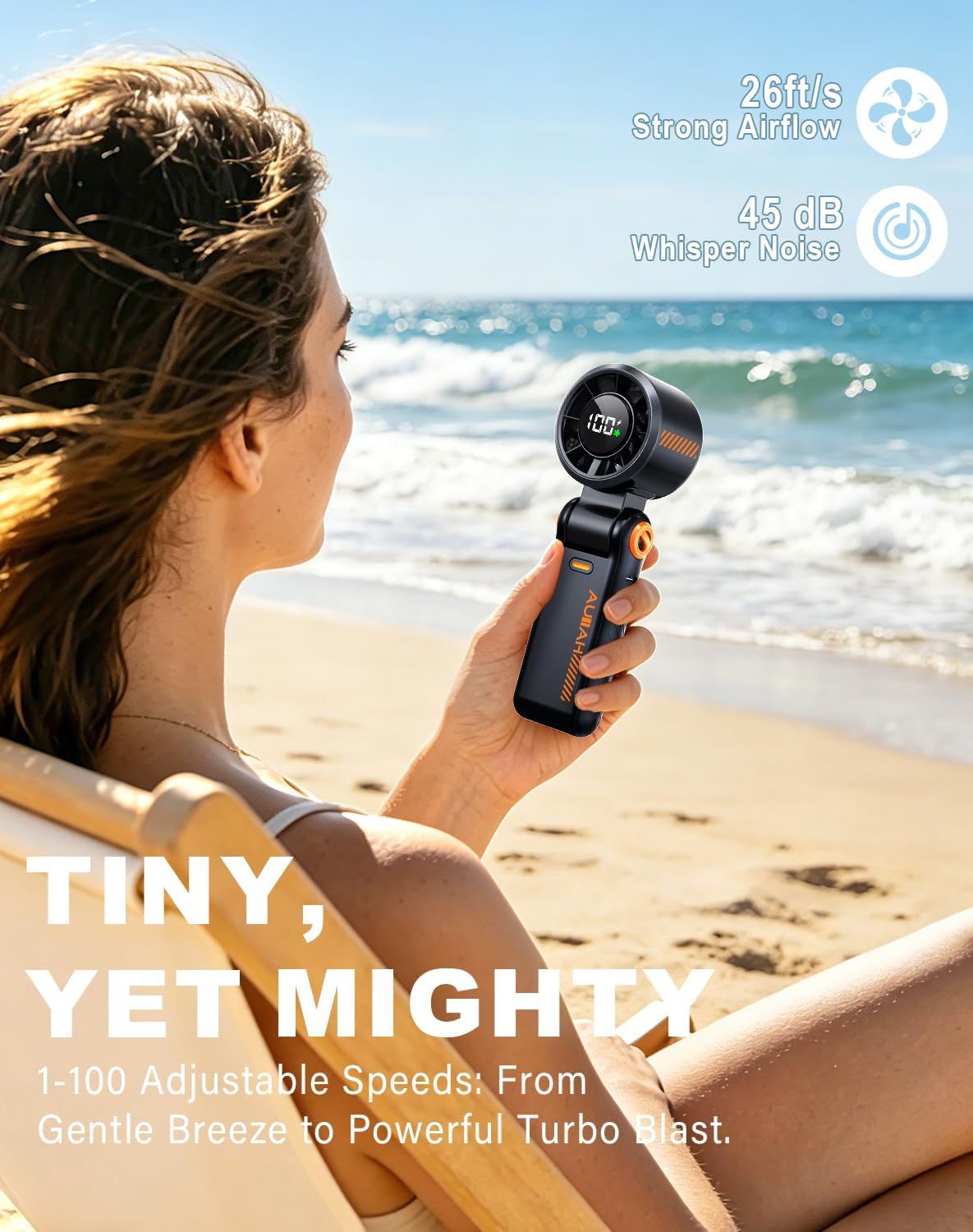 Thumbnail 1 de AUIIAH Portable Handheld Turbo Fan - 5 Speed, 3-in-1 Foldable USB-C Rechargeable Personal Fan