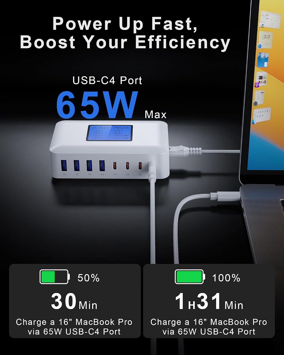 Detalle 1 de RENGOGA USB-laddare med 8 portar, GaN, LED-skärm och 200 W