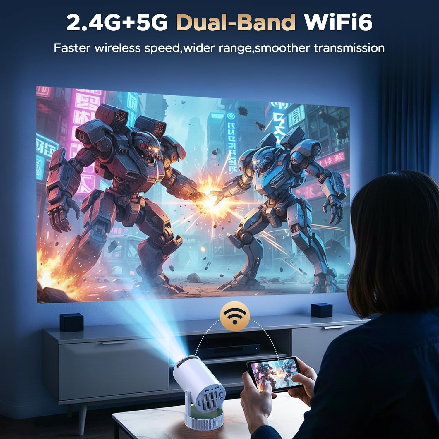 Detalle de 4K Mini Beamer mit Akku: Android 11.0, WiFi 6 & 220° Rotation – Tragbarer Projektor für Heimkino und Outdoor