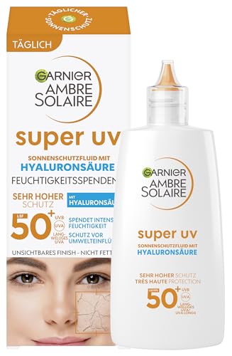 Detalle de Garnier Ambre Solaire Super UV Fluid LSF 50+ mit Hyaluronsäure – leichte, matte Gesichtssonnencreme (40 ml)
