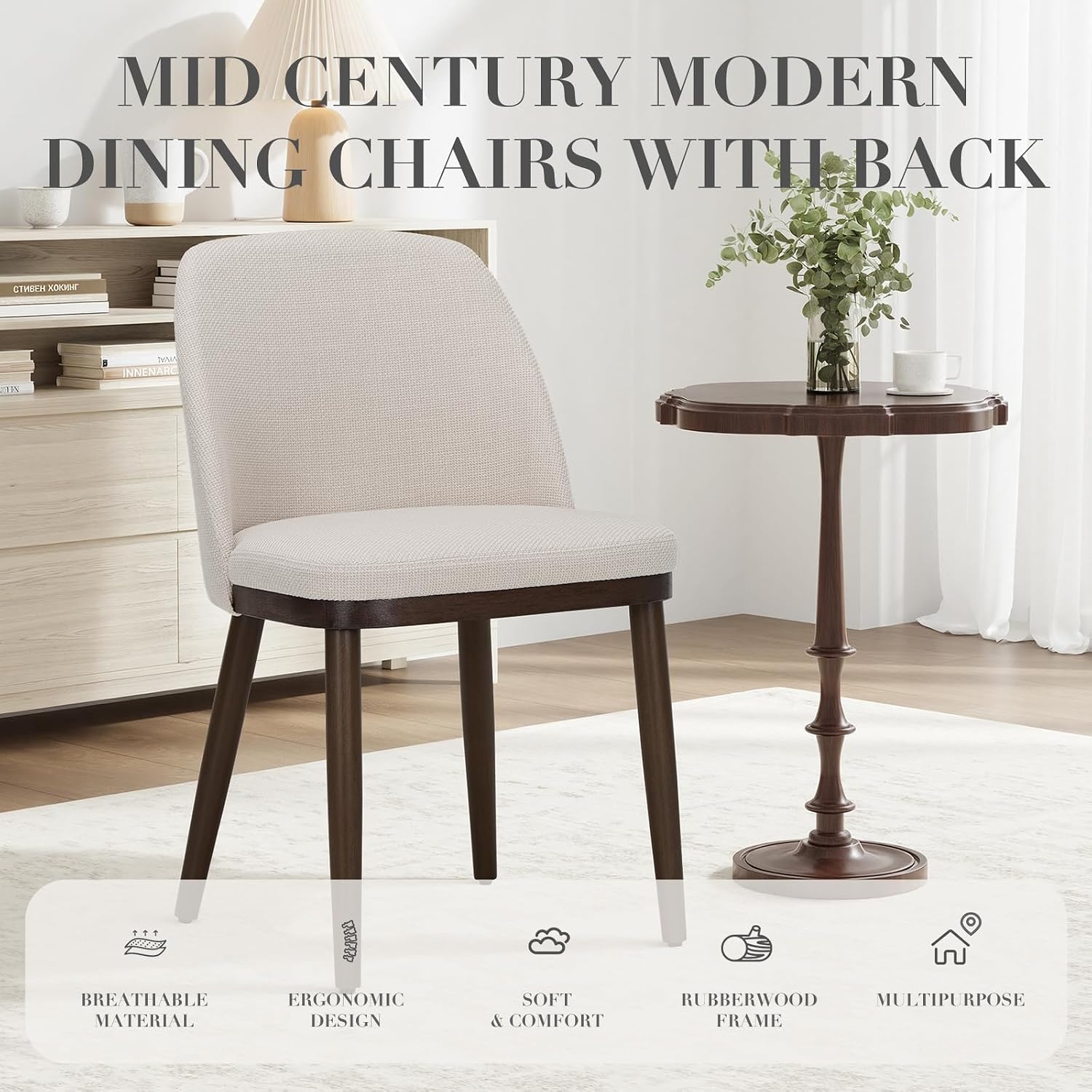 Detalle 2 de COLAMY 3100 Upholstered Dining Chairs, Set of 2, Beige Fabric, Wood Legs