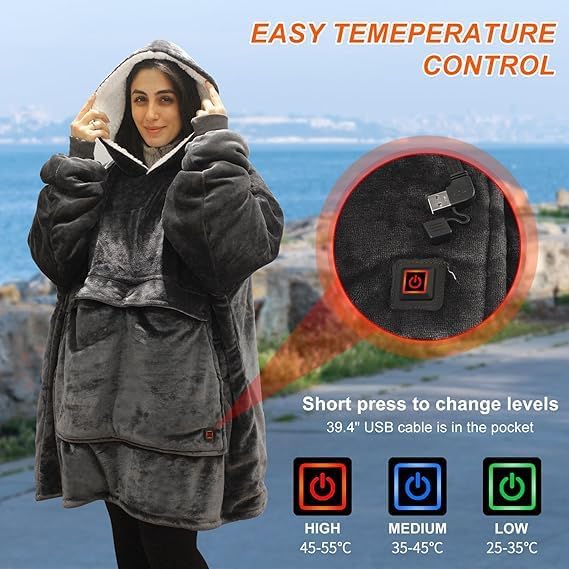 Detalle de Junbig Wearable Heated Blanket Hoodie with Sherpa Lining and 3 Heat Settings