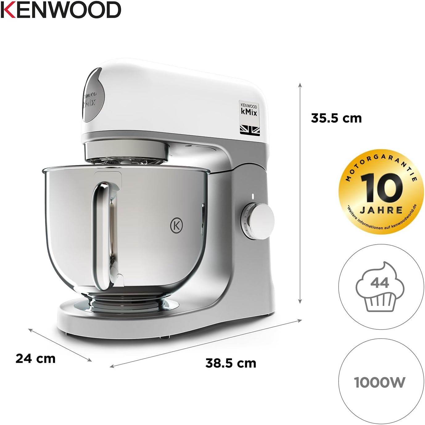 Detalle 2 de Kenwood kMix KMX750WH Küchenmaschine mit 5-l-Edelstahl-Schüssel, 1.000-Watt und Patisserie-Set (weiß)